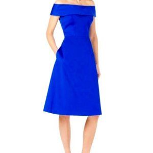 Calvin Klein Off-The-Shoulder Sateen Blue A-Line Dress Size 8